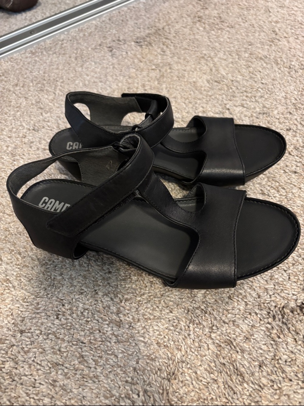 NWOT Camper Black Leather velcro closure wedge Sandals 7